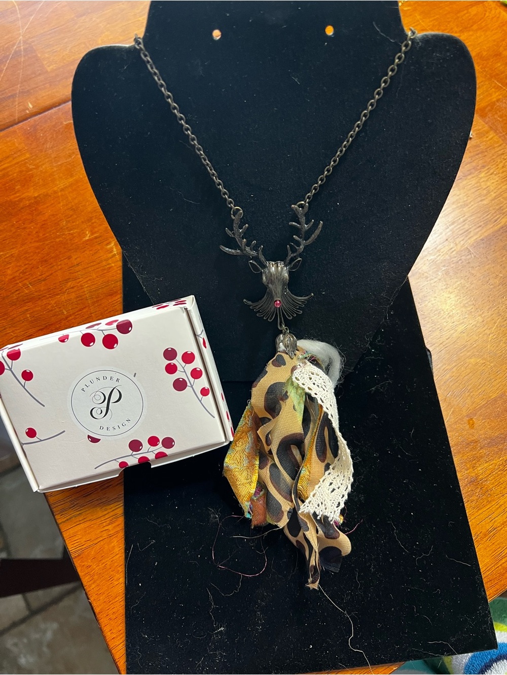 Plunder Bronze Deer Pendant Necklace with Leopard Print and Cream Tassel